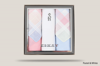 Eskay Gift Boxed Ladies Hankies 3pk Hills Hats Pastel & White